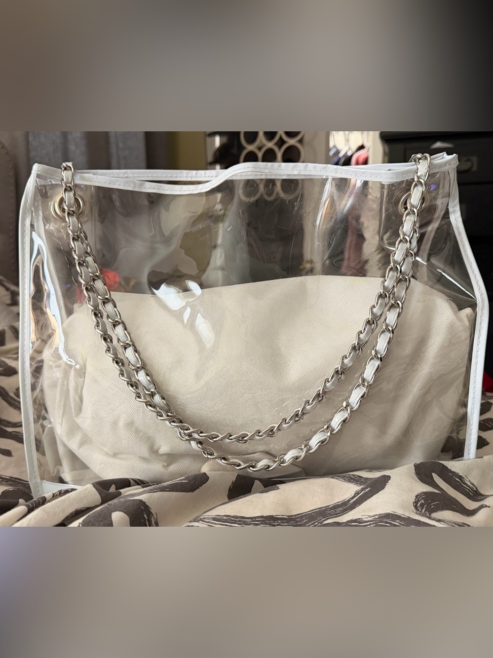 Elizabeth Arden Clear Tote with Cream Pouch and Silver Chain Handles